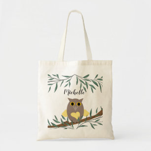Cute Yellow Heart Owl On Branch Personalised Name  Tote Bag