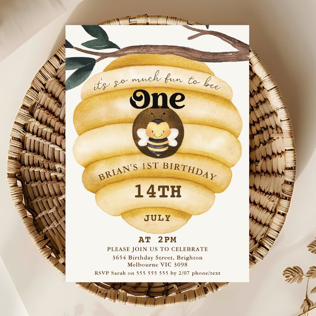 Cute Yellow Hive Bee Themed 1st Birthday Invitation (Bee Themed 1st Birthday Invitation Template, Editable Bee Hive First Birthday Invitation, Honey Bee)
