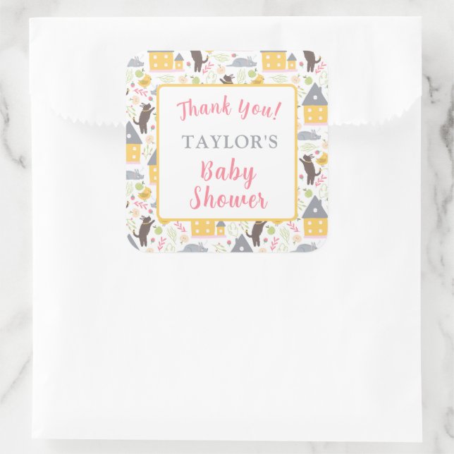 Cute Yellow House Puppy Bird Baby Shower Square Sticker (Bag)
