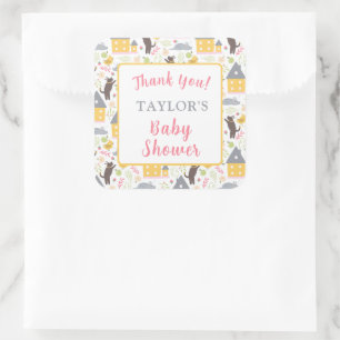Cute Yellow House Puppy Bird Baby Shower Square Sticker