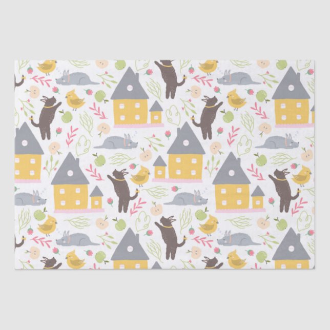 Cute Yellow House Puppy Bird Baby Shower Tissue Paper (Front)