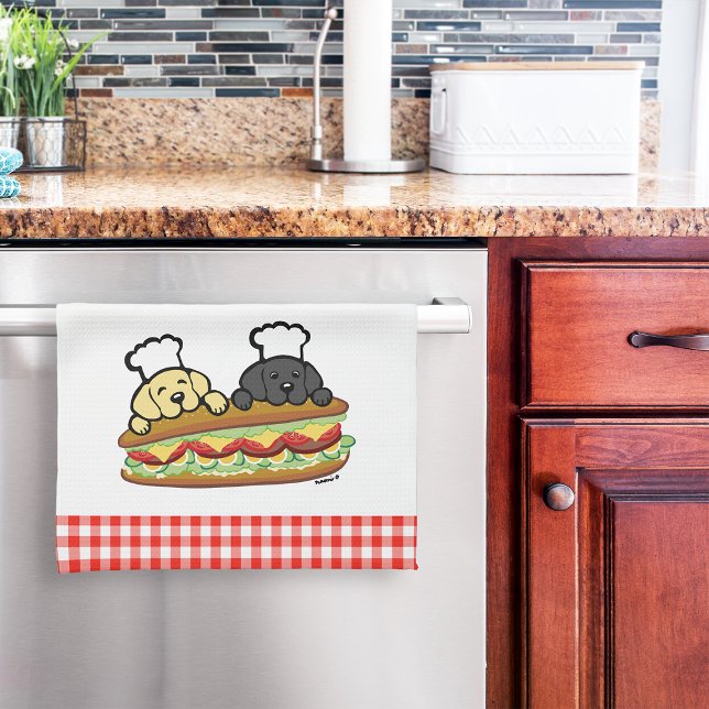 Cute Yellow Lab Black Lab Cartoon Sandwich Tea Towel (Yellow Lab Black Lab Sandwich Kitchen Towel for Labrador Owners.  Personalized Lab Cartoon design.)