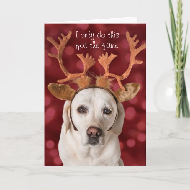 Cute Yellow Lab dog with Antlers Holiday Card (Front)