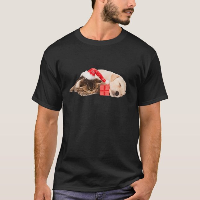 Cute Yellow Lab Puppy Kitten Santa Hat Christmas L T-Shirt (Front)