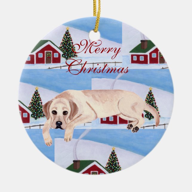 Cute Yellow Labrador Christmas Ceramic Tree Decoration (Front)
