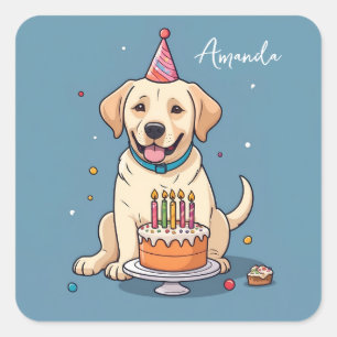 Cute Yellow Labrador Puppy Celebrating Birthday Square Sticker
