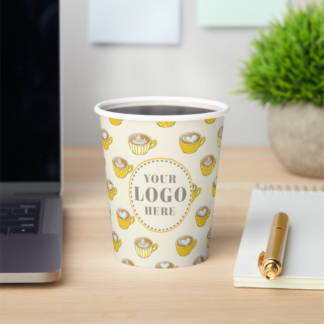 Cute Yellow Latte Art Mugs Pattern Add Your Logo Paper Cups (Insitu)