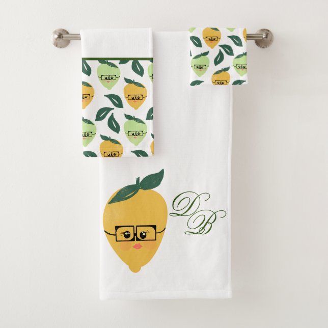 Cute yellow lemon cartoon funny illustration bath towel set (Insitu)