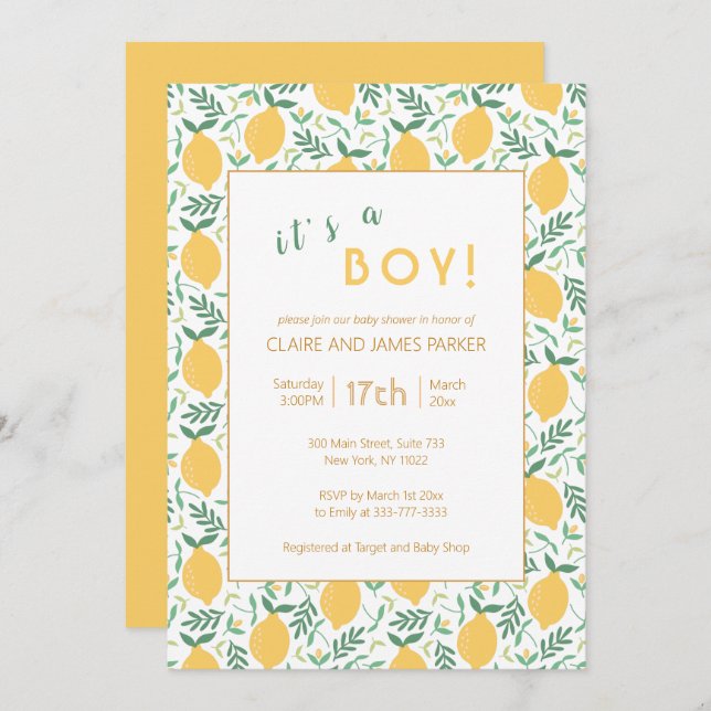Cute Yellow Lemon Foliage | Baby Boy Shower Invitation (Front/Back)