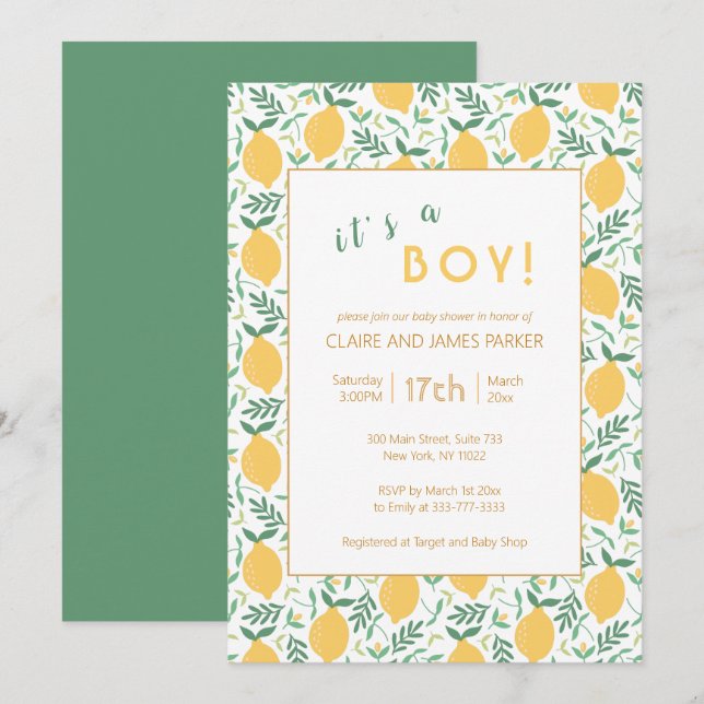 Cute Yellow Lemon Foliage | Baby Boy Shower Invitation (Front/Back)