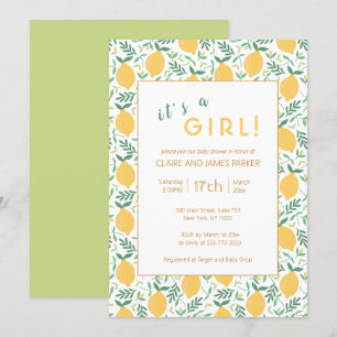 Cute Yellow Lemon Foliage Baby Girl Shower Invitation