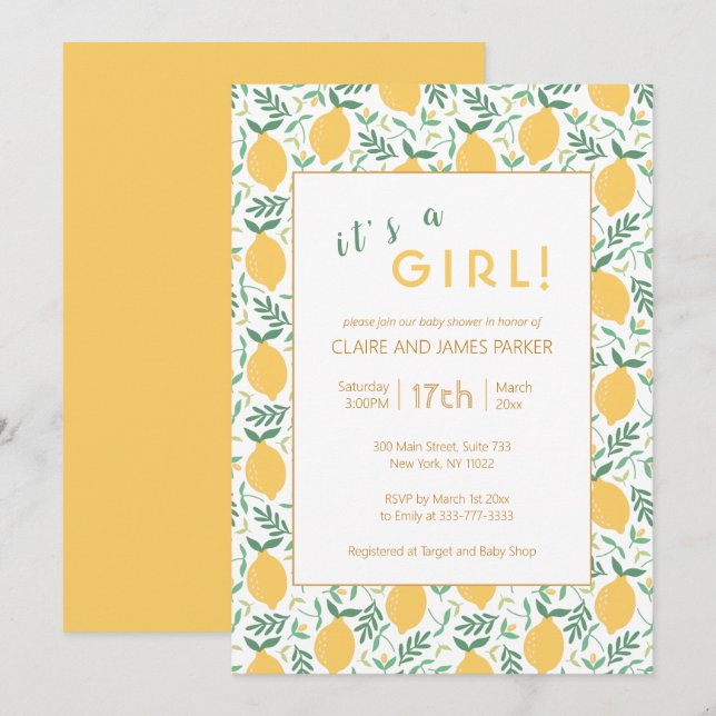 Cute Yellow Lemon Foliage | Baby Girl Shower  Invitation (Front/Back)