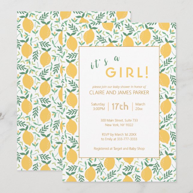 Cute Yellow Lemon Foliage | Girl Baby Shower Invitation (Front/Back)