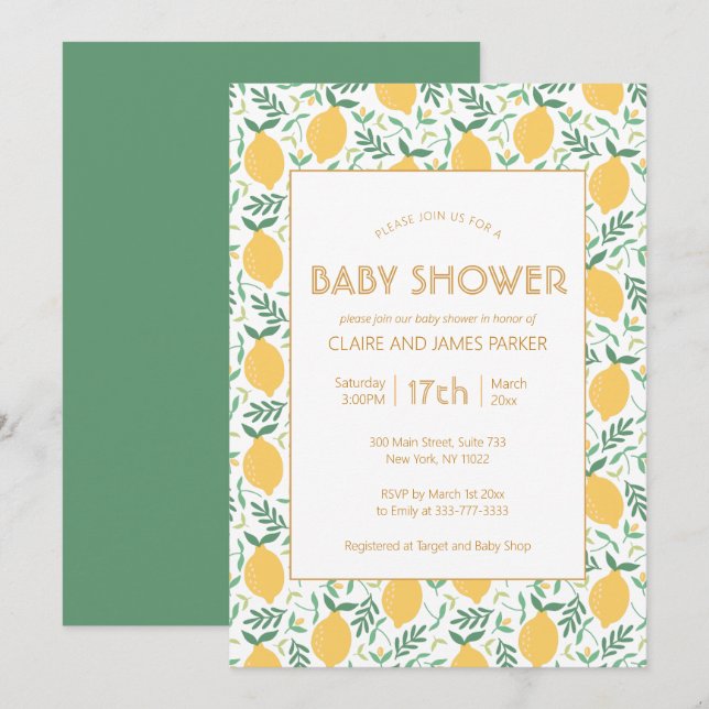 Cute Yellow Lemon Fruit Foliage Baby Shower Invita Invitation (Front/Back)