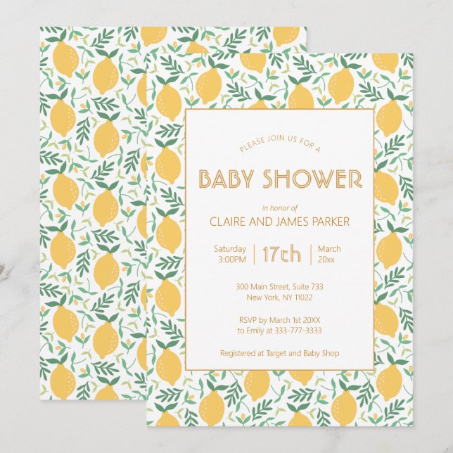 Cute Yellow Lemon Fruit Foliage Baby Shower Invitation (Front/Back)