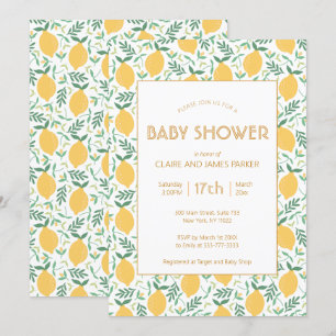 Cute Yellow Lemon Fruit Foliage Baby Shower Invitation
