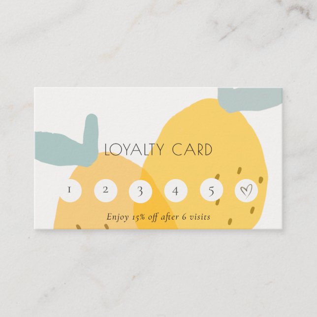 Cute Yellow Lemon Fruity Citrus 6 Punch Loyalty  Business Card (Front)
