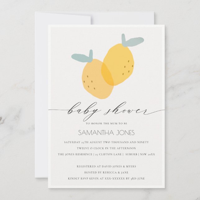 Cute Yellow Lemon Fruity Citrus Baby Shower Invite (Front)