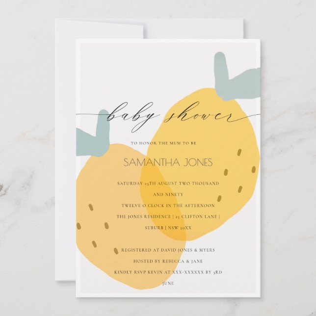 Cute Yellow Lemon Fruity Citrus Baby Shower Invite (Front)