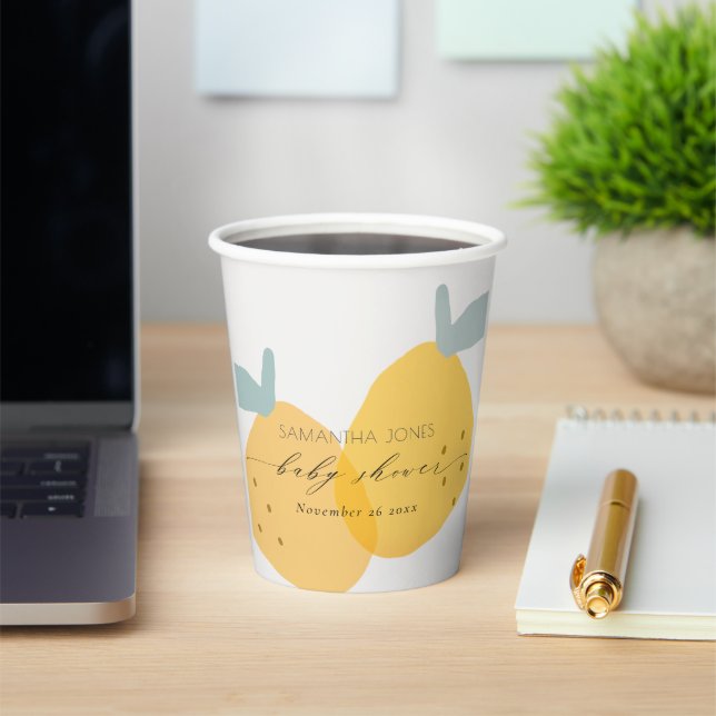 Cute Yellow Lemon Fruity Citrus Baby Shower Round Paper Cups (Insitu)