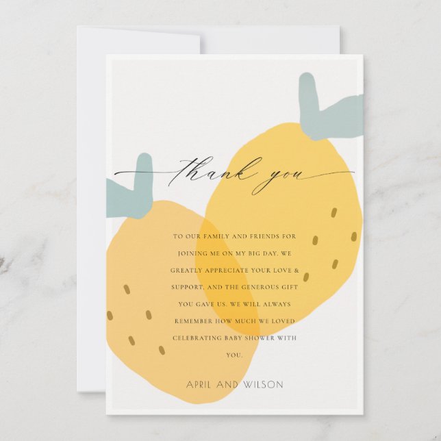 Cute Yellow Lemon Fruity Citrus Bright Baby Shower Thank You Card (Front)