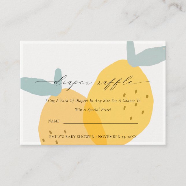Cute Yellow Lemon Fruity Diaper Raffle Baby Shower Enclosure Card (Front)