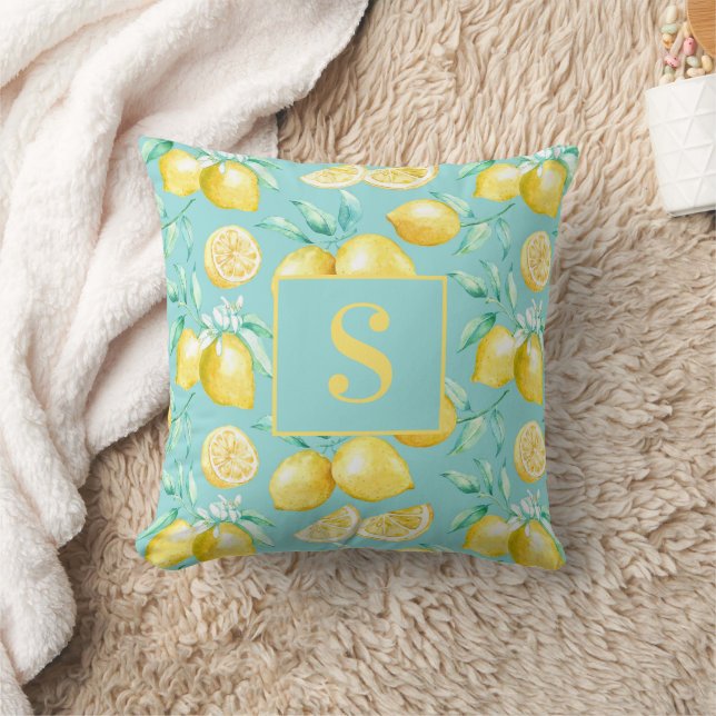 Cute Yellow Lemon Pattern on Light Blue Monogram  Cushion (Blanket)