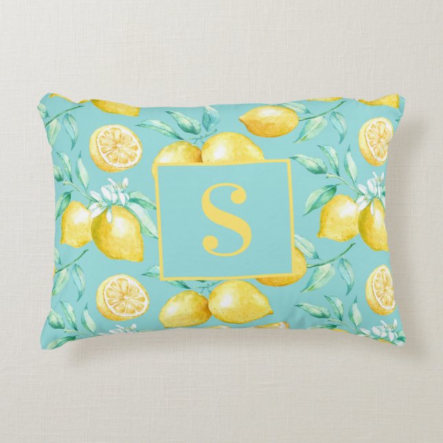 Cute Yellow Lemon Pattern on Light Blue Monogram Decorative Cushion (Front)