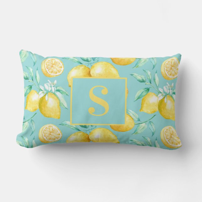 Cute Yellow Lemon Pattern on Light Blue Monogram Lumbar Cushion (Front)
