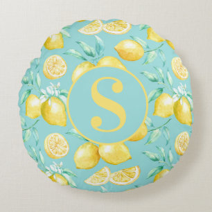 Cute Yellow Lemon Pattern on Light Blue Monogram Round Cushion