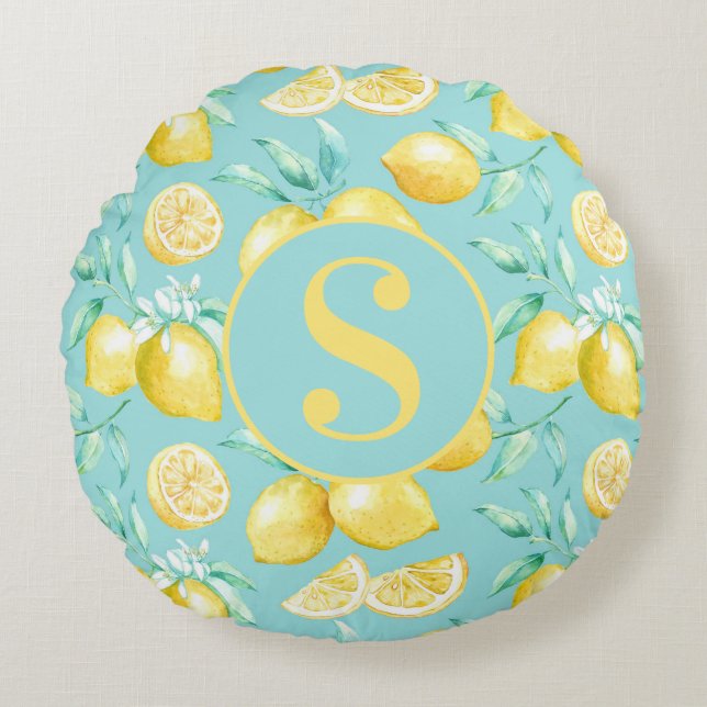 Cute Yellow Lemon Pattern on Light Blue Monogram Round Cushion (Front)