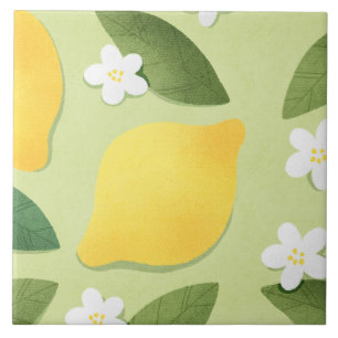 Cute yellow lemons, white flowers and green leaves tile