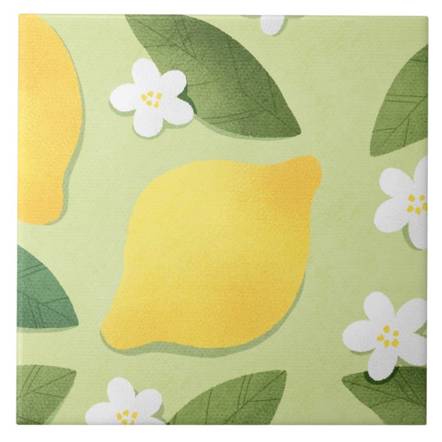 Cute yellow lemons, white flowers and green leaves tile (Front)