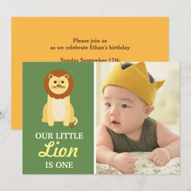 Cute Yellow Lion Baby Boy 1st First Birthday Party Invitation (Front/Back)