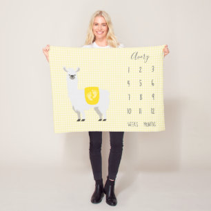 Cute Yellow Llama Polka Dot Baby Milestone Fleece Blanket