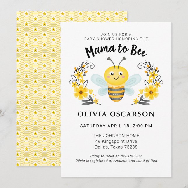 Cute Yellow Mummy to Bee Baby Shower Invitation (Front/Back)