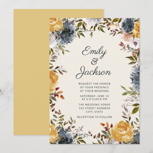Cute Yellow Navy Blue Watercolor Floral Wedding Invitation (Front/Back)
