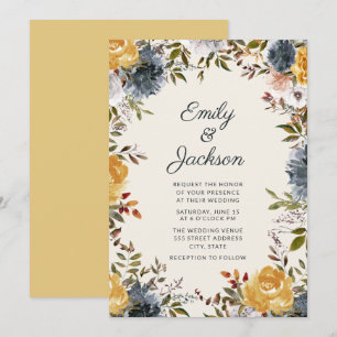 Cute Yellow Navy Blue Watercolor Floral Wedding Invitation
