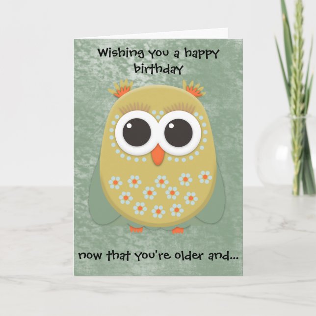 Cute Yellow Orange Green Owl Birthday Card (Front)