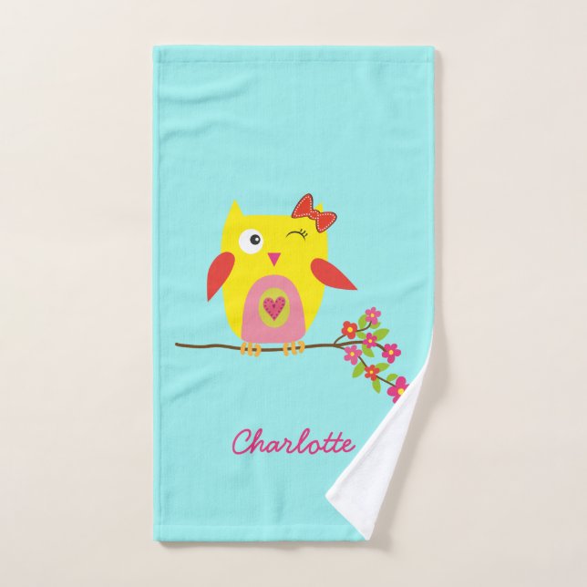 Cute Yellow Owl, Pink Flowers Illustration Bath Towel Set (Hand Towel)