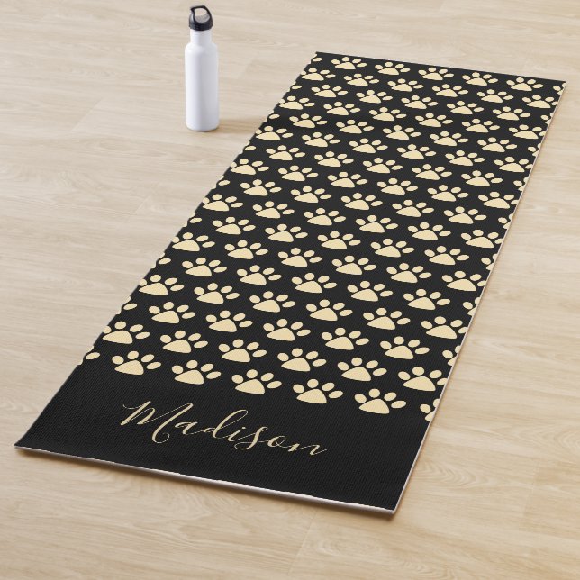 Cute Yellow Pawprint Personalised Black   Yoga Mat (In Situ)