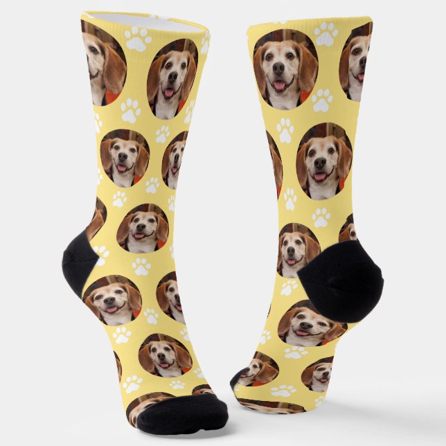 Cute Yellow Pet Photo & Paw Prints Dog Cat  Socks (Angled)