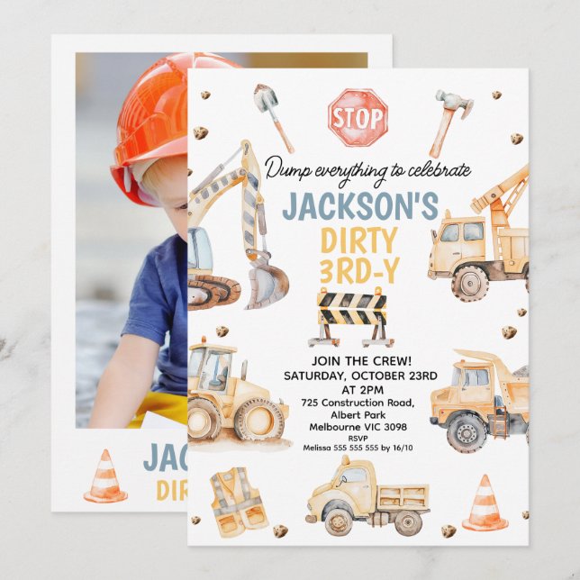 Cute Yellow Photo Construction Dirty 3rdy Birthday Invitation (Front/Back)