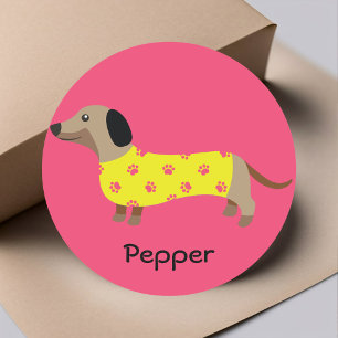 Cute Yellow & Pink Dachshund Dog Funny Classic Round Sticker