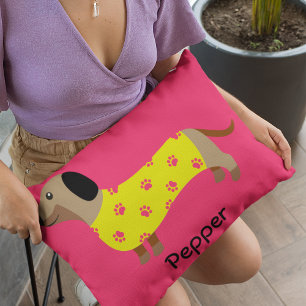 Cute Yellow & Pink Dachshund Dog Funny   Decorative Cushion