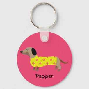 Cute Yellow & Pink Dachshund Dog Name Funny   Key Ring