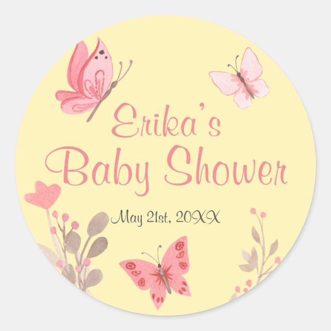 Cute Yellow Pink Floral Butterflies Baby Shower Classic Round Sticker (Front)