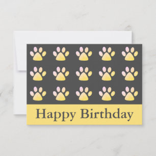Cute Yellow Pink Pawprint Happy Birthday Flat Card