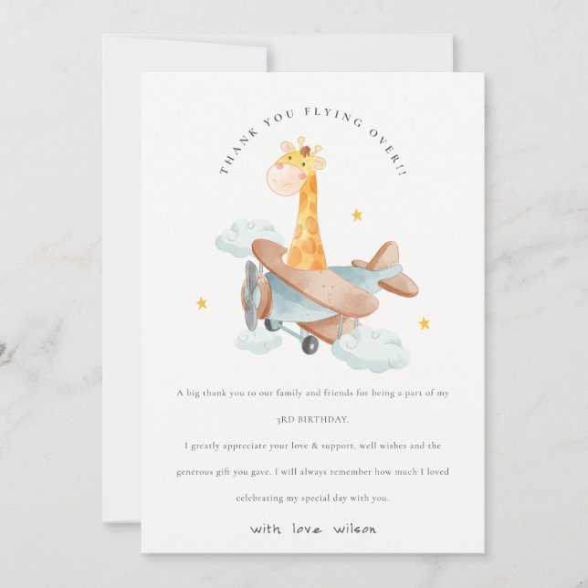 Cute Yellow Plane Giraffe Stars Cloud Birthday  Thank You Card (Front)