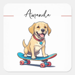 Cute Yellow Puppy on Skateboard Labrador Square Sticker